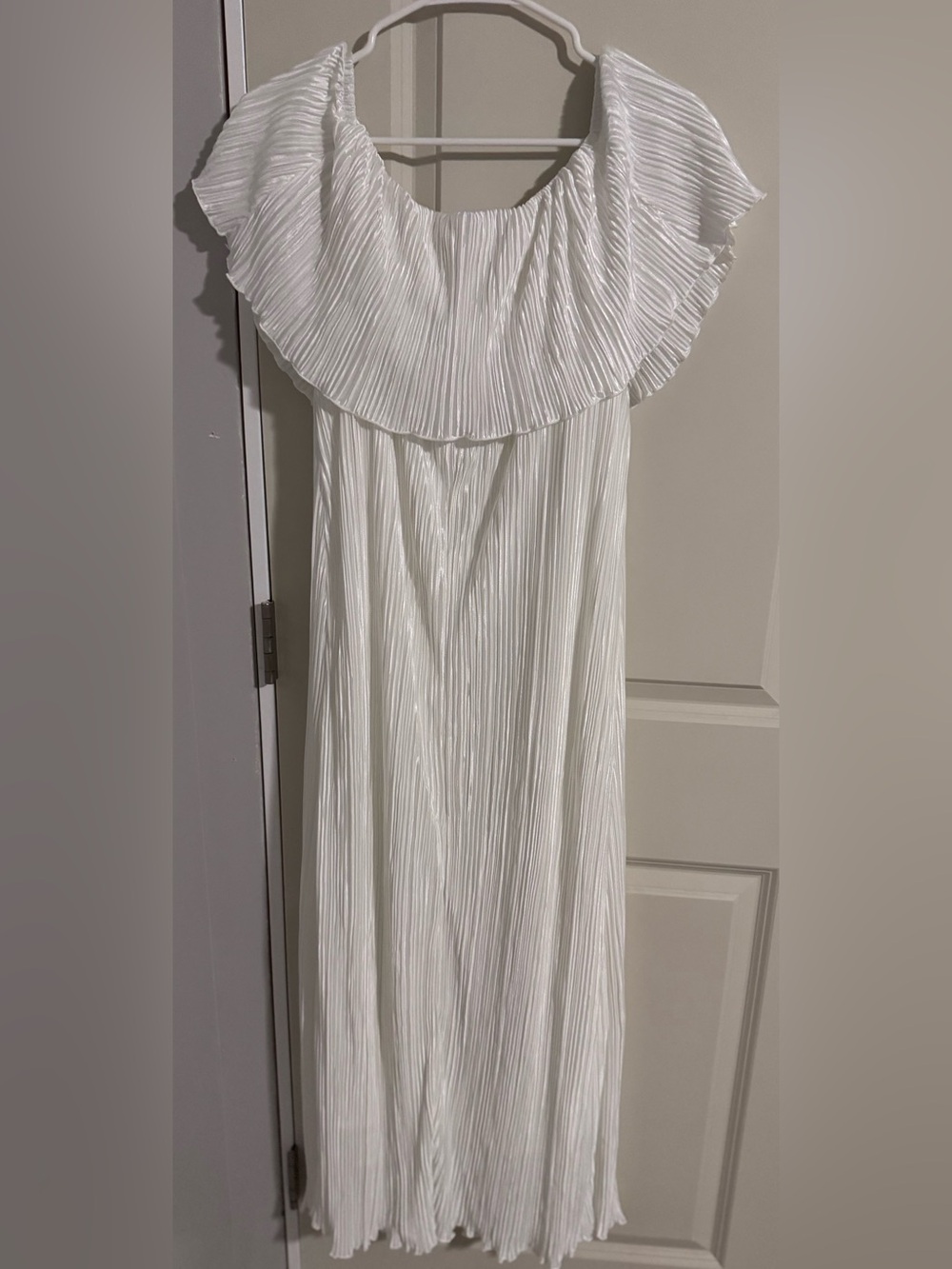 Amazon White Pleated Ruffle Off-Shoulder Maxi Dress